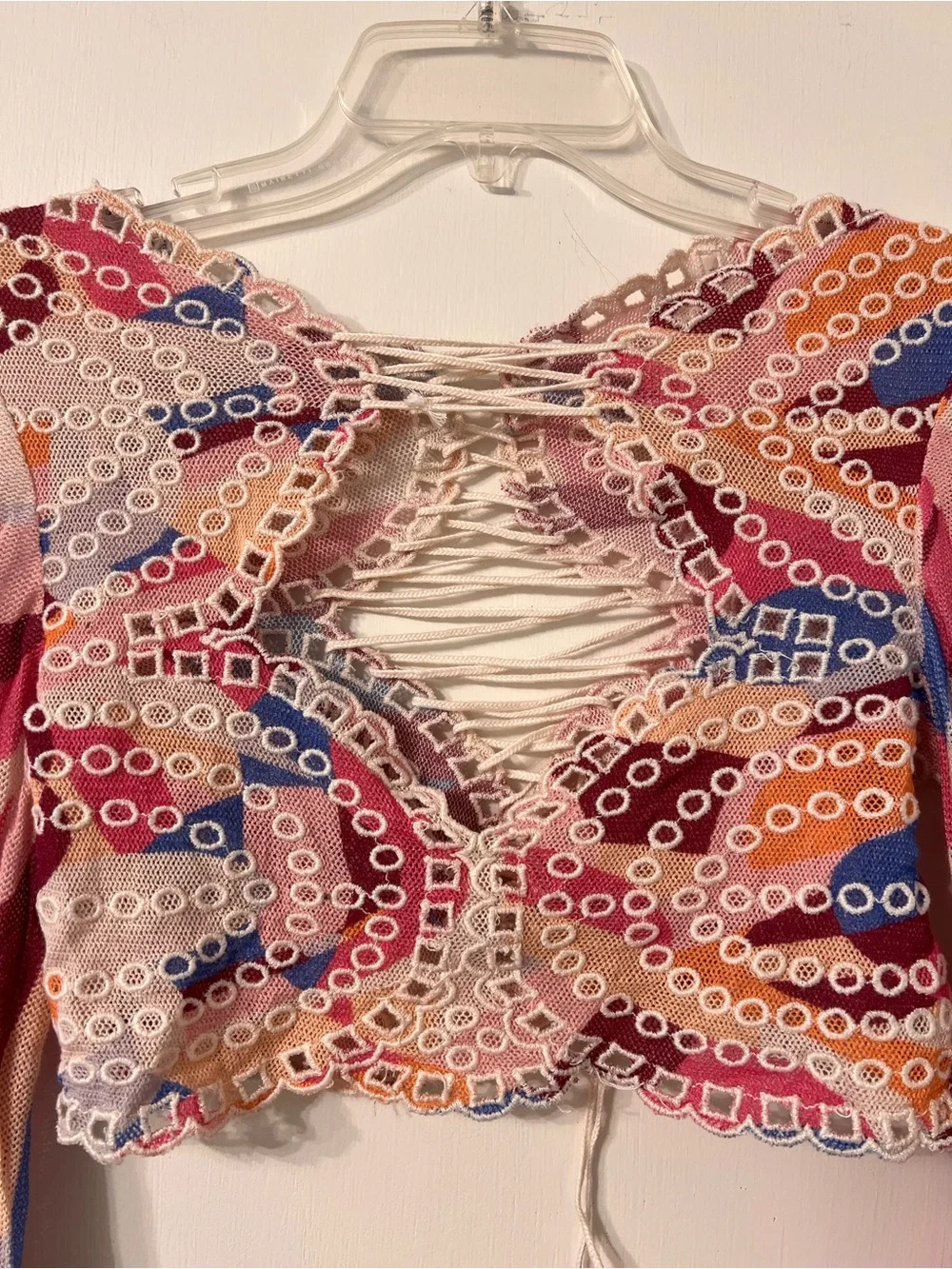 Free People Eyes On You- Crochet Lace-Up Eyelet Cropped long sleeve festival top